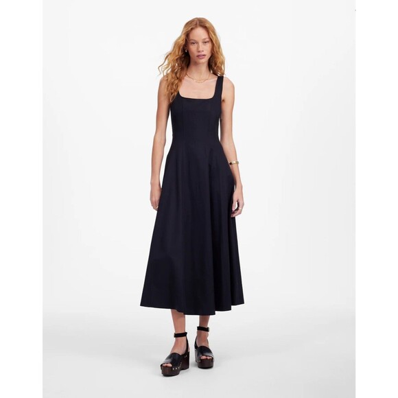 Madewell Dresses & Skirts - MADEWELL Seamed Squareneck Midi Dress 6 Black Tencel Blend Fitted Bodice NWT B62